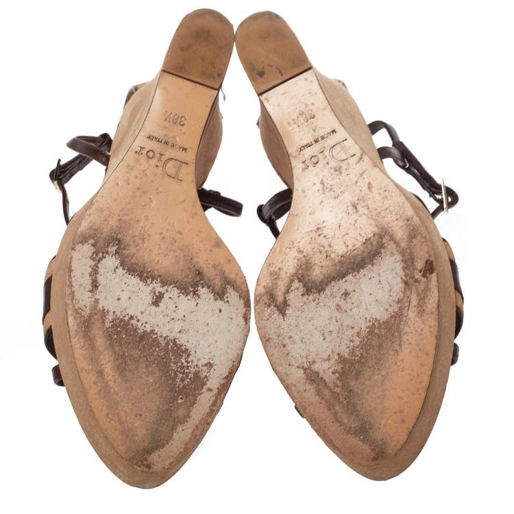 Pre Owned Dior Brown/Beige Leather and Nubuck Diorissimo Wedge Platform Sandals Size 38.5