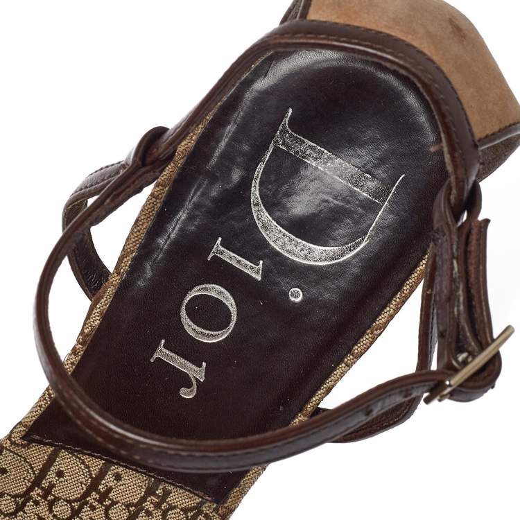 Pre Owned Dior Brown/Beige Leather and Nubuck Diorissimo Wedge Platform Sandals Size 38.5