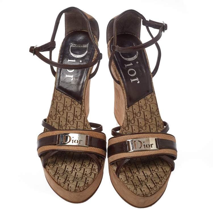 Pre Owned Dior Brown/Beige Leather and Nubuck Diorissimo Wedge Platform Sandals Size 38.5