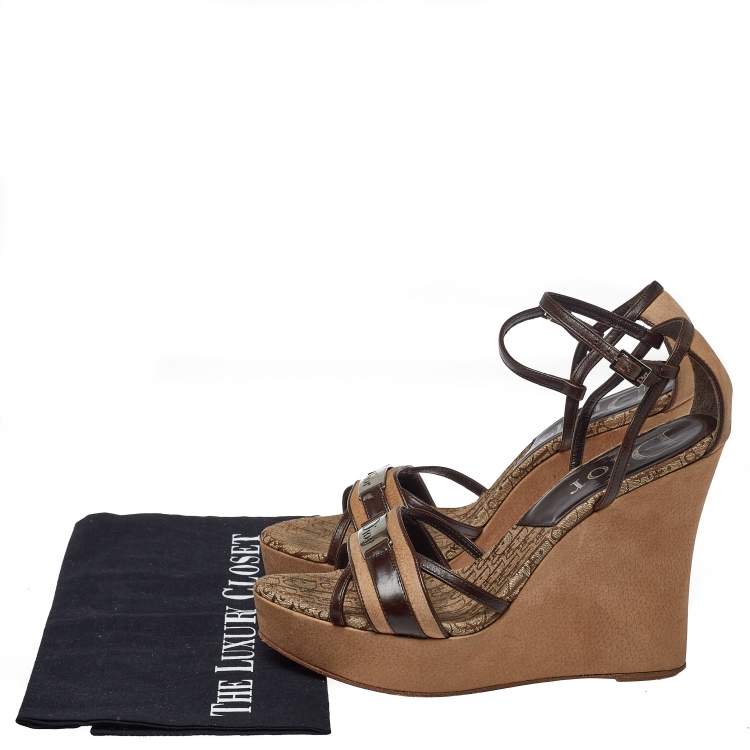 Pre Owned Dior Brown/Beige Leather and Nubuck Diorissimo Wedge Platform Sandals Size 38.5