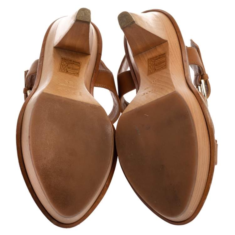 Pre Owned Dior Brown Leather T Strap Platform Ankle Strap Sandals Size 36
