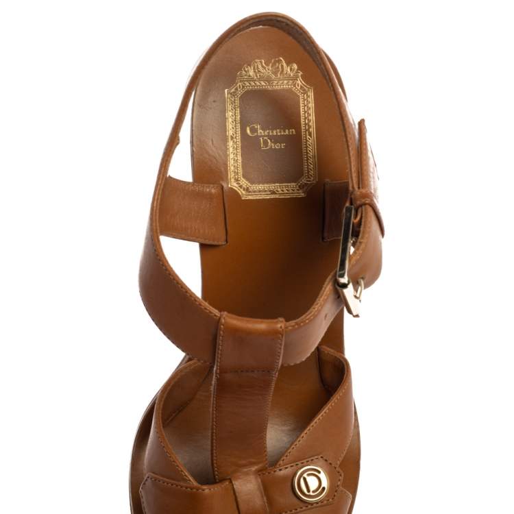 Pre Owned Dior Brown Leather T Strap Platform Ankle Strap Sandals Size 36