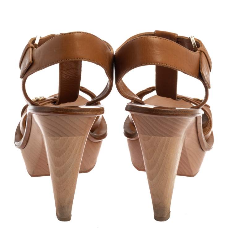 Pre Owned Dior Brown Leather T Strap Platform Ankle Strap Sandals Size 36