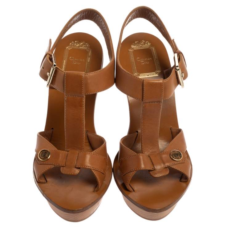 Pre Owned Dior Brown Leather T Strap Platform Ankle Strap Sandals Size 36