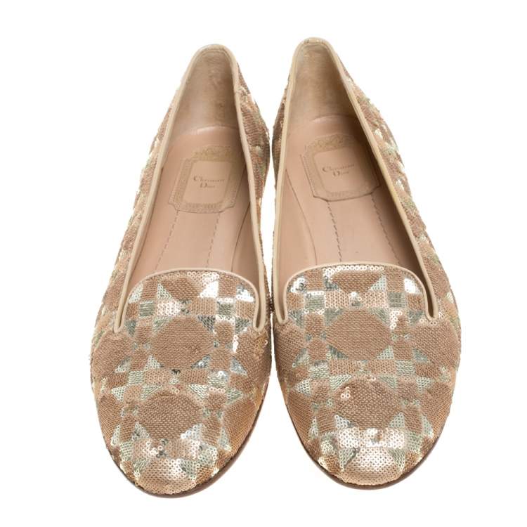 Pre Owned Dior Beige/Gold Sequin Smoking Slippers Size 39.5