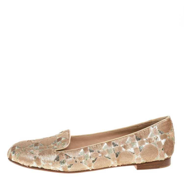 Pre Owned Dior Beige/Gold Sequin Smoking Slippers Size 39.5