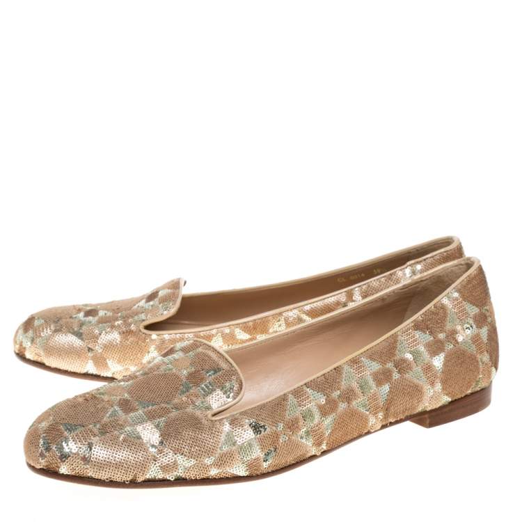 Pre Owned Dior Beige/Gold Sequin Smoking Slippers Size 39.5