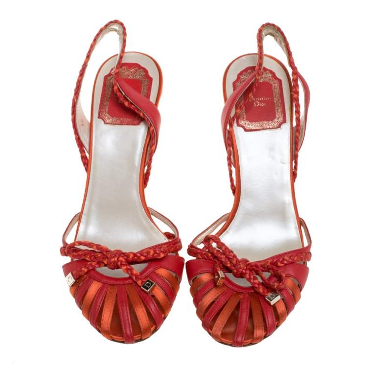 Pre Owned Dior Two Tone Red Leather Braid Bow Slingback Sandals Size 37