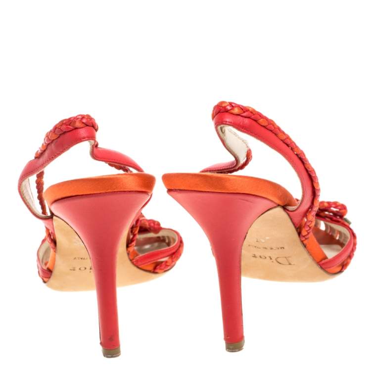 Pre Owned Dior Two Tone Red Leather Braid Bow Slingback Sandals Size 37