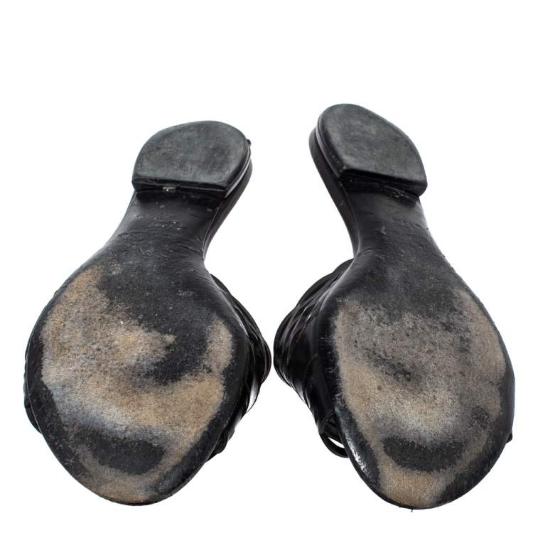 Pre Owned Dior Black Laser Cut Leather Tattoo Peep Toe Slides Size 38