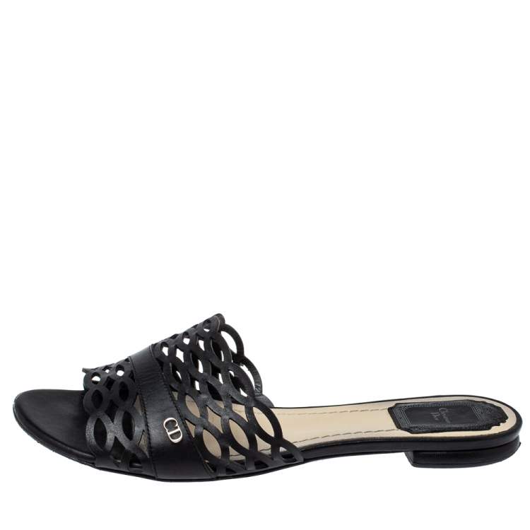 Pre Owned Dior Black Laser Cut Leather Tattoo Peep Toe Slides Size 38