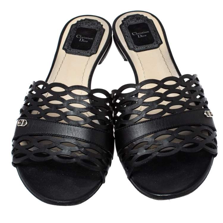 Pre Owned Dior Black Laser Cut Leather Tattoo Peep Toe Slides Size 38