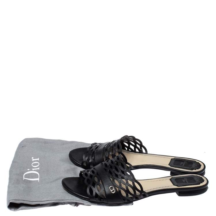 Pre Owned Dior Black Laser Cut Leather Tattoo Peep Toe Slides Size 38