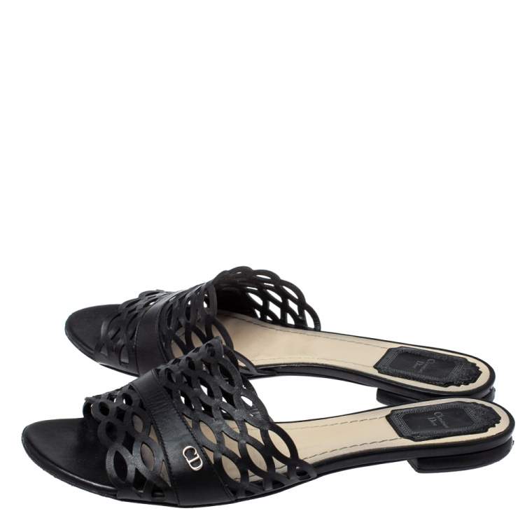 Pre Owned Dior Black Laser Cut Leather Tattoo Peep Toe Slides Size 38