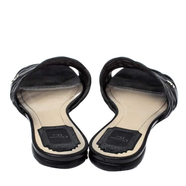 Pre Owned Dior Black Laser Cut Leather Tattoo Peep Toe Slides Size 38