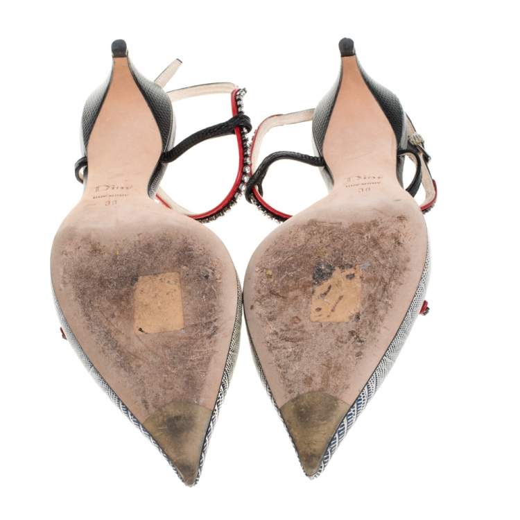 Pre Owned Dior Metallic Multicolor Lizard Embossed Leather Strass Slingback Pointed Toe Pumps Size 38
