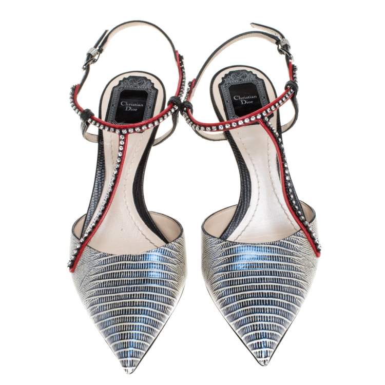 Pre Owned Dior Metallic Multicolor Lizard Embossed Leather Strass Slingback Pointed Toe Pumps Size 38