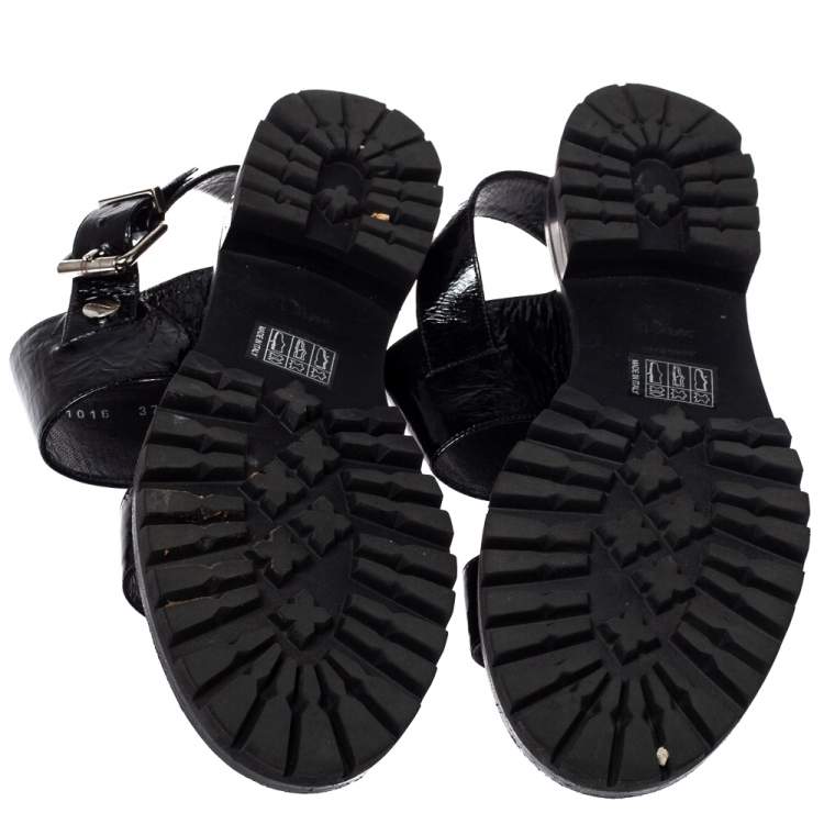 Pre Owned Dior Black Leather Crystal Embellished Buckle Strap Sandals Size 37.5
