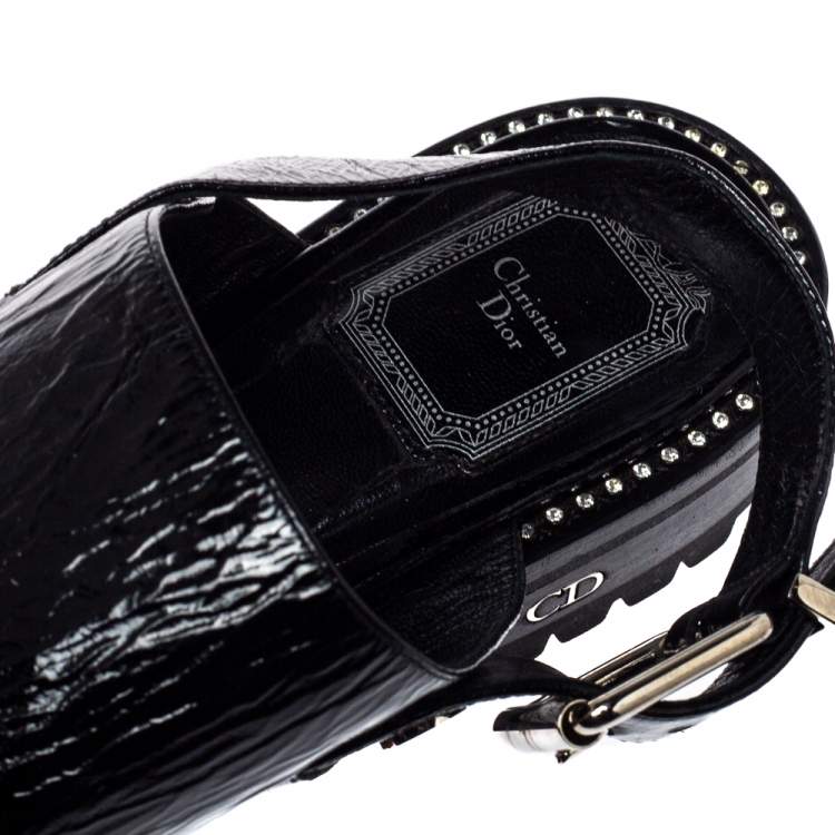 Pre Owned Dior Black Leather Crystal Embellished Buckle Strap Sandals Size 37.5