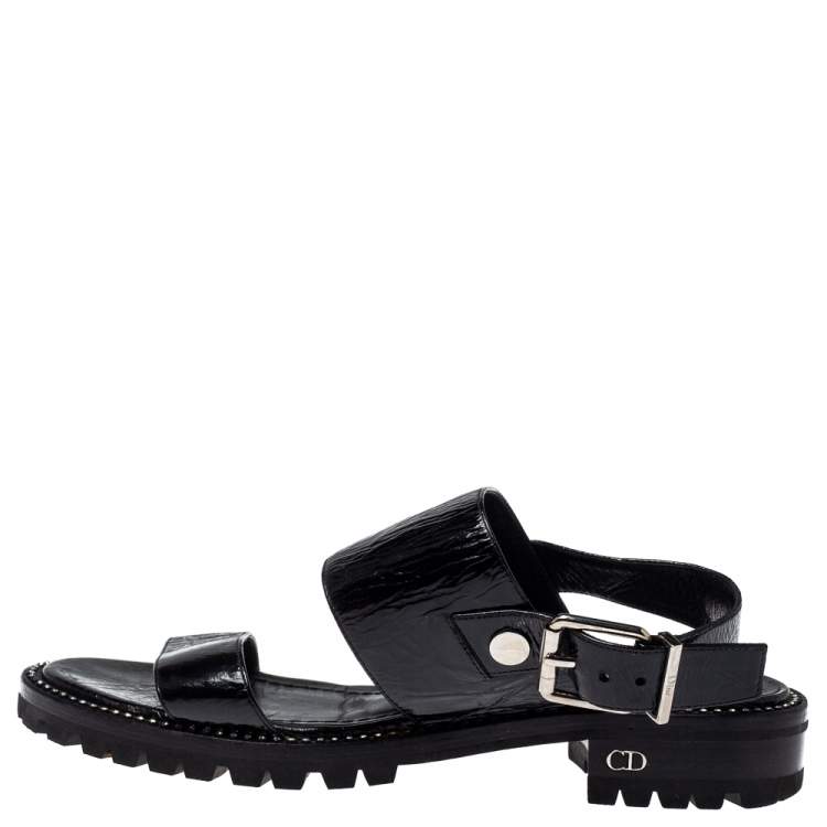 Pre Owned Dior Black Leather Crystal Embellished Buckle Strap Sandals Size 37.5