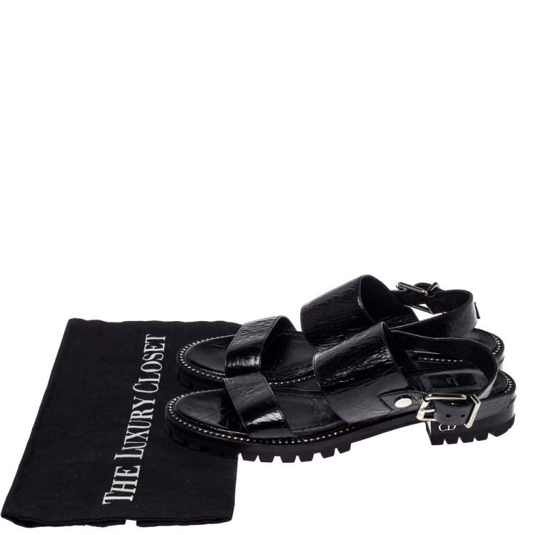 Pre Owned Dior Black Leather Crystal Embellished Buckle Strap Sandals Size 37.5