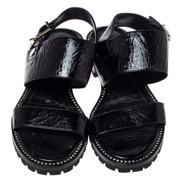 Pre Owned Dior Black Leather Crystal Embellished Buckle Strap Sandals Size 37.5