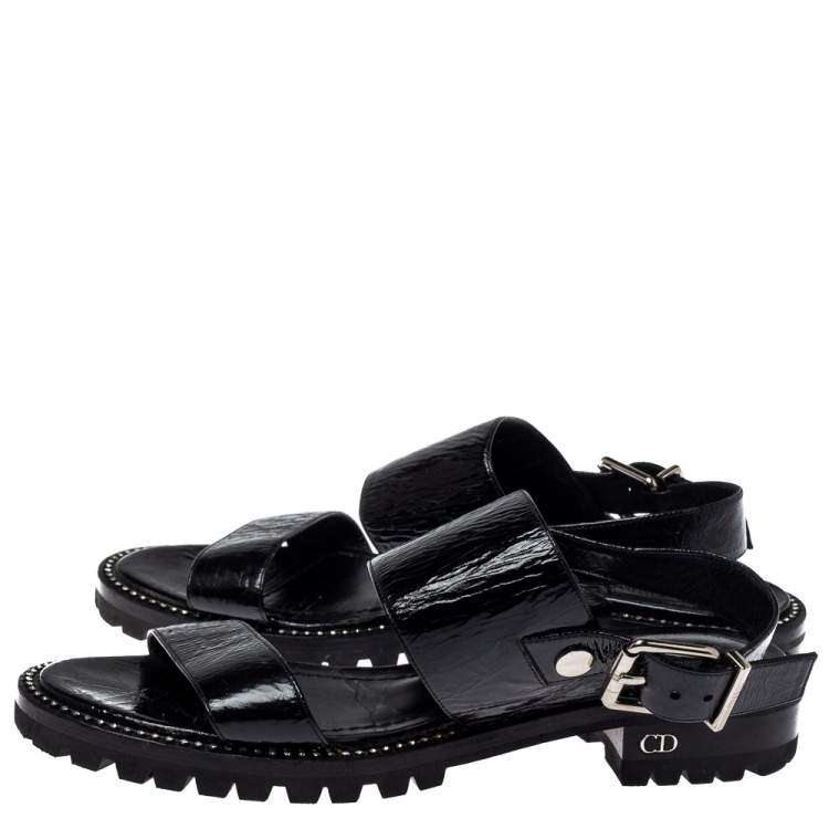Pre Owned Dior Black Leather Crystal Embellished Buckle Strap Sandals Size 37.5