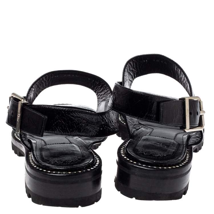 Pre Owned Dior Black Leather Crystal Embellished Buckle Strap Sandals Size 37.5
