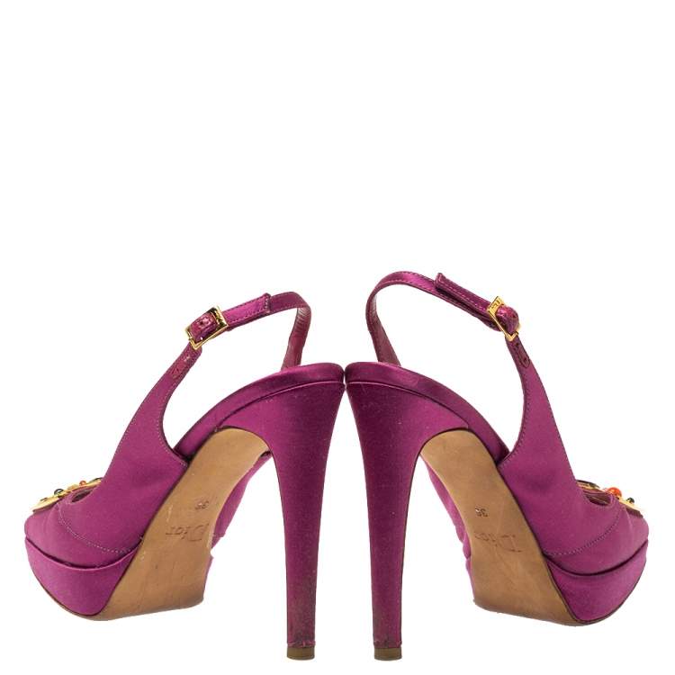 Pre Owned Dior Purple Satin Crystal Embellished Slingback Sandals Size 36