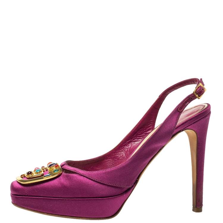 Pre Owned Dior Purple Satin Crystal Embellished Slingback Sandals Size 36