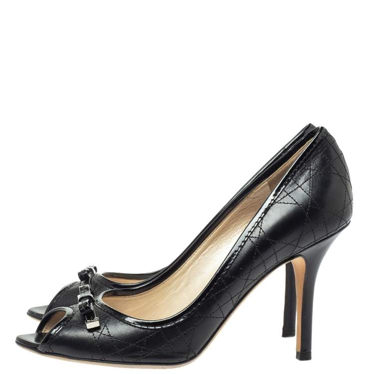 Pre Owned Dior Black Cannage Leather Bow Peep Toe Pumps Size 40