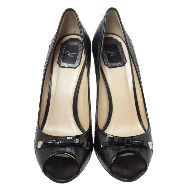 Pre Owned Dior Black Cannage Leather Bow Peep Toe Pumps Size 40