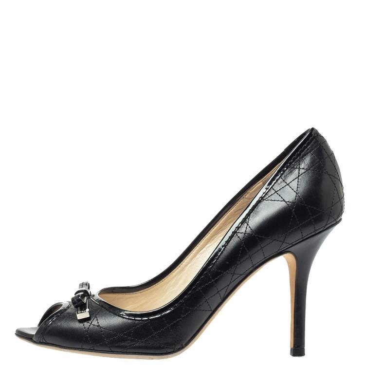 Pre Owned Dior Black Cannage Leather Bow Peep Toe Pumps Size 40