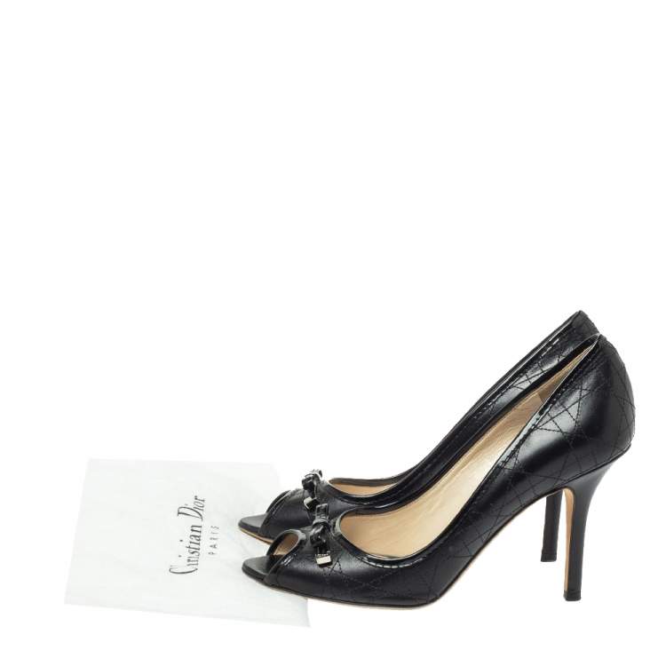 Pre Owned Dior Black Cannage Leather Bow Peep Toe Pumps Size 40