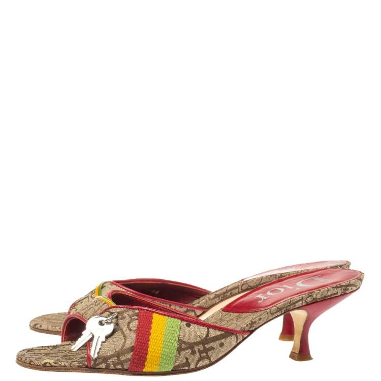Pre Owned Dior Multicolor Oblique Canvas Padlock Slide Sandals Size 37.5