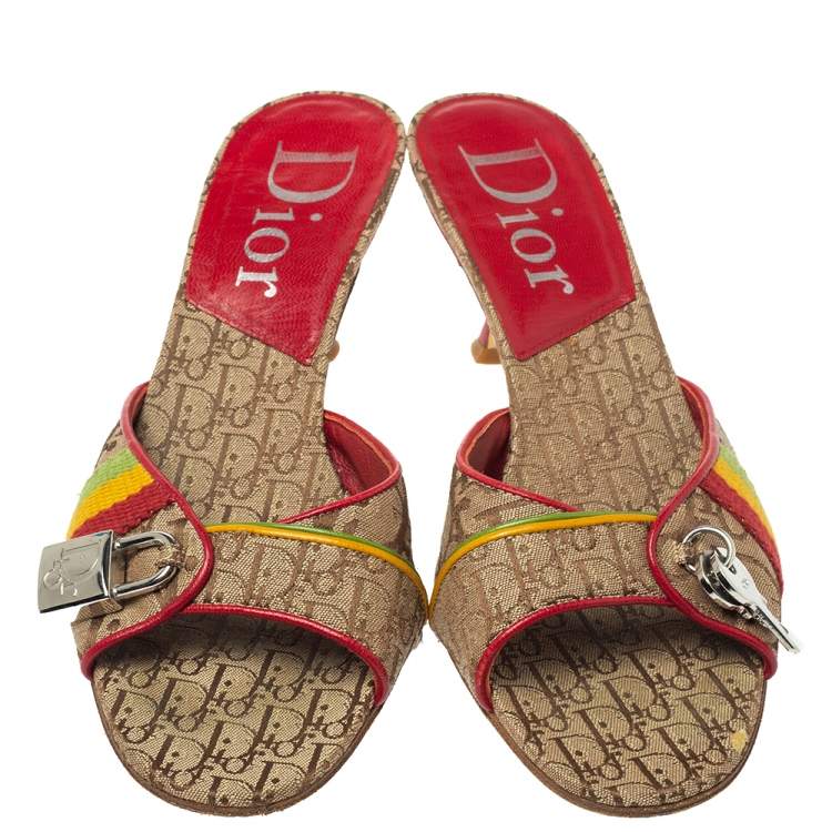 Pre Owned Dior Multicolor Oblique Canvas Padlock Slide Sandals Size 37.5