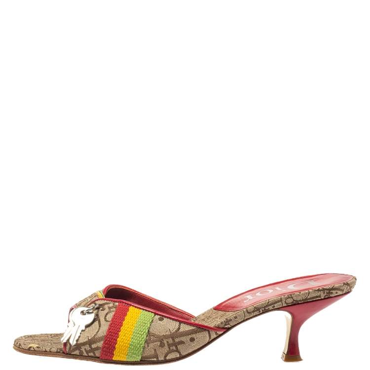 Pre Owned Dior Multicolor Oblique Canvas Padlock Slide Sandals Size 37.5