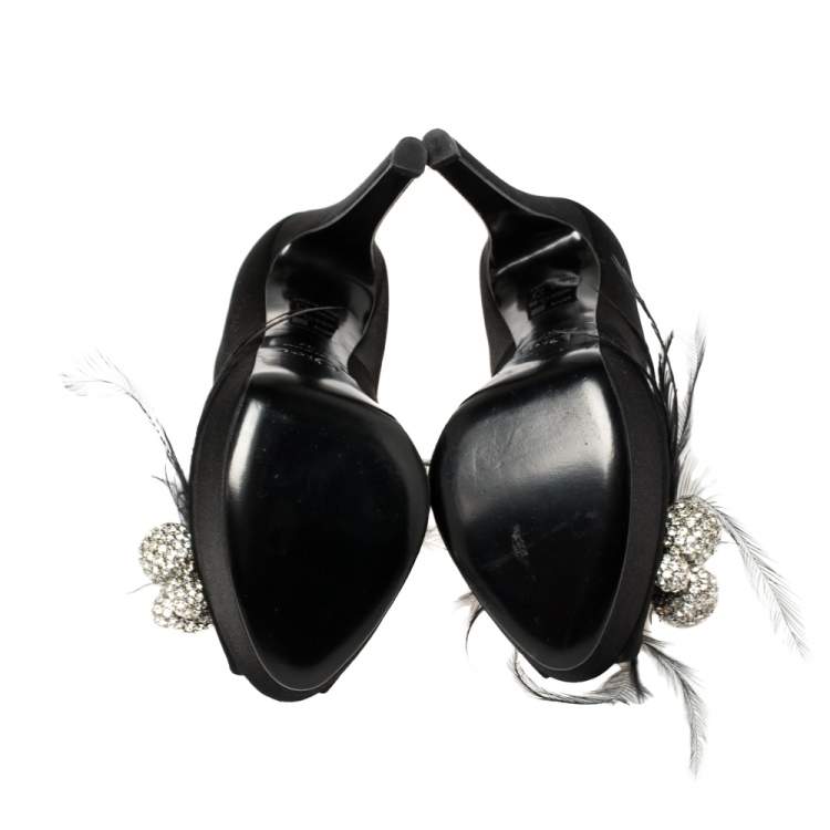 Pre Owned Dior Black Satin Feather Embellished Peep Toe Pumps Size 37
