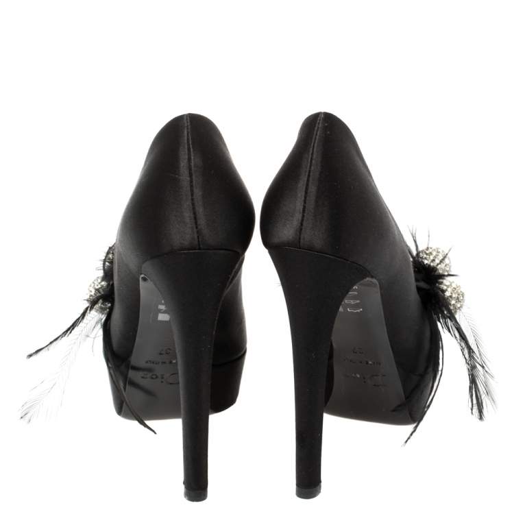Pre Owned Dior Black Satin Feather Embellished Peep Toe Pumps Size 37