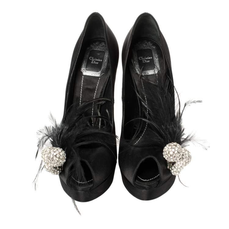 Pre Owned Dior Black Satin Feather Embellished Peep Toe Pumps Size 37