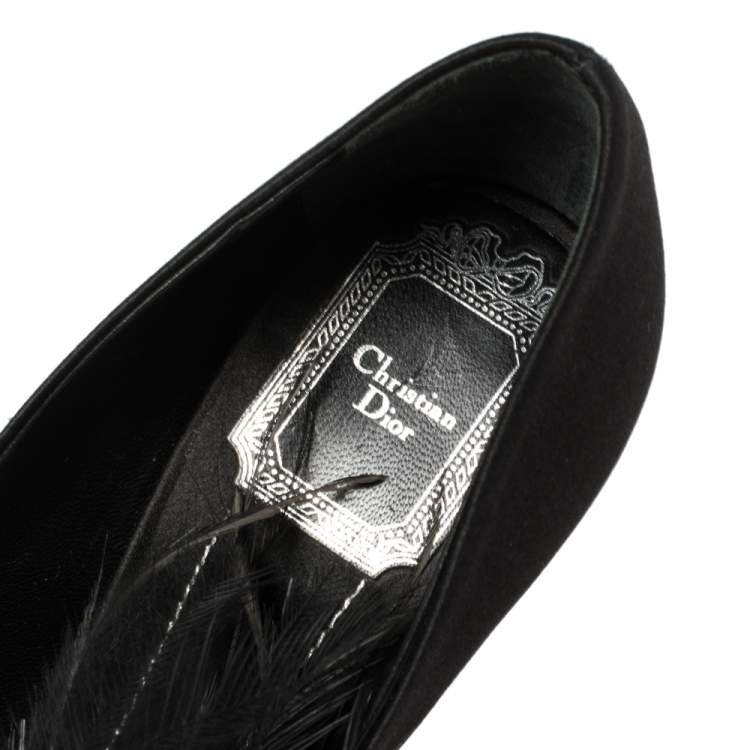 Pre Owned Dior Black Satin Feather Embellished Peep Toe Pumps Size 37