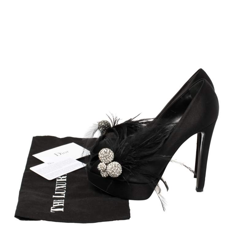 Pre Owned Dior Black Satin Feather Embellished Peep Toe Pumps Size 37