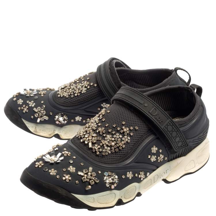 Pre Owned Dior Blue Neoprene And Mesh Fusion Crystal Embellished Slip On Sneakers Size 40