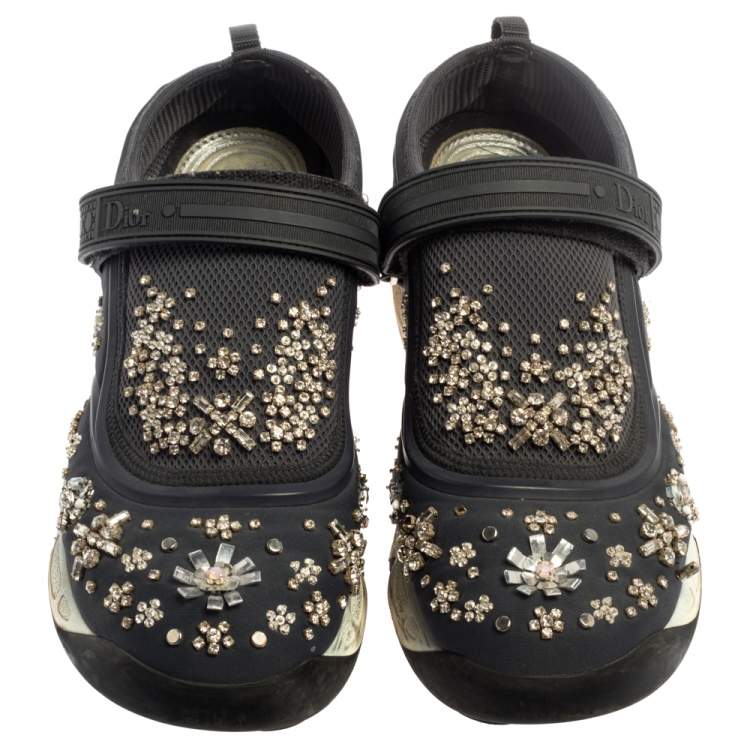 Pre Owned Dior Blue Neoprene And Mesh Fusion Crystal Embellished Slip On Sneakers Size 40
