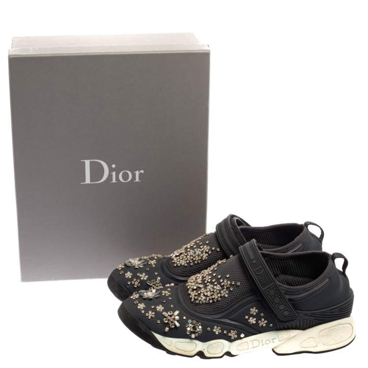 Pre Owned Dior Blue Neoprene And Mesh Fusion Crystal Embellished Slip On Sneakers Size 40