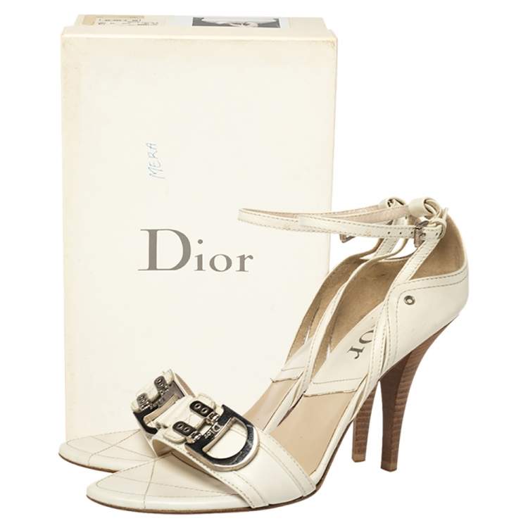 Pre Owned Dior Vintage White Leather D Flight Open Toe Ankle Strap Sandals Size 39