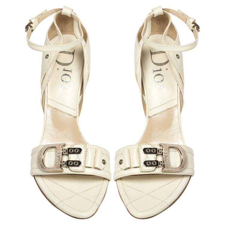 Pre Owned Dior Vintage White Leather D Flight Open Toe Ankle Strap Sandals Size 39