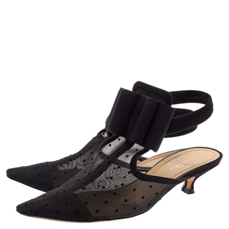 مملوكة مسبقًا Dior Black Mesh And Suede Trim Polka Dot Bow Pointed Toe Slingback Mules Size 39.5