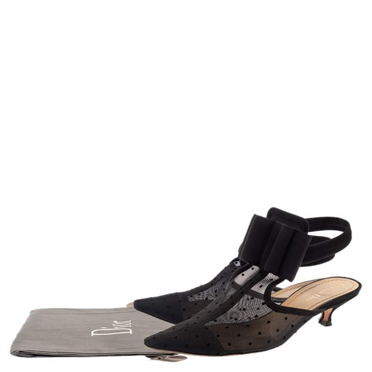 مملوكة مسبقًا Dior Black Mesh And Suede Trim Polka Dot Bow Pointed Toe Slingback Mules Size 39.5