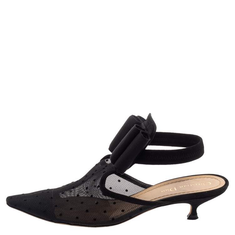 مملوكة مسبقًا Dior Black Mesh And Suede Trim Polka Dot Bow Pointed Toe Slingback Mules Size 39.5